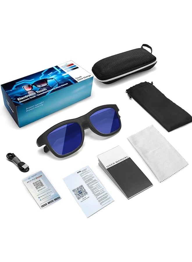 Motoq AI Smart Glasses with Bluetooth headphone, Electronic Touch Control Color Changing, Dimming Function, Black Frame with Blue and Clear Lenses - Image 2