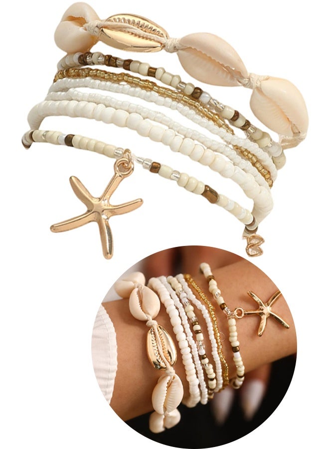 7 قطع من الأساور المزينة بالخرز على الطراز البوهيمي أساور شاطئية متعددة الطبقات أساور من الصدف والأرز والمرجان قلادة على شكل نجم البحر للنساء ملابس يومية مناسبة للعطلات والسفر والحفلات هدايا - Image 1