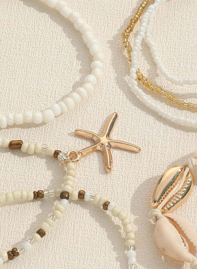 7 قطع من الأساور المزينة بالخرز على الطراز البوهيمي أساور شاطئية متعددة الطبقات أساور من الصدف والأرز والمرجان قلادة على شكل نجم البحر للنساء ملابس يومية مناسبة للعطلات والسفر والحفلات هدايا - Image 4