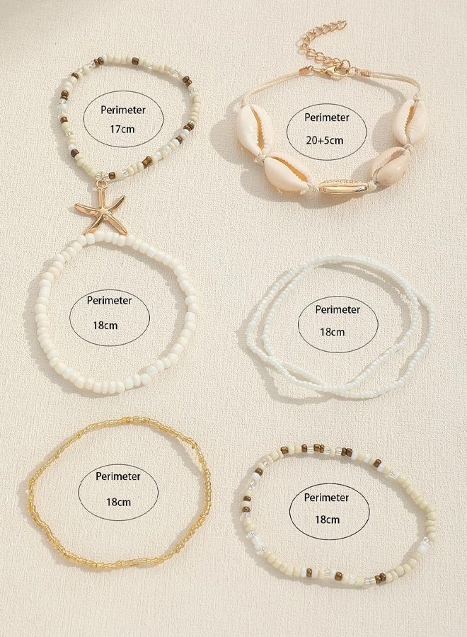 7 قطع من الأساور المزينة بالخرز على الطراز البوهيمي أساور شاطئية متعددة الطبقات أساور من الصدف والأرز والمرجان قلادة على شكل نجم البحر للنساء ملابس يومية مناسبة للعطلات والسفر والحفلات هدايا - Image 5