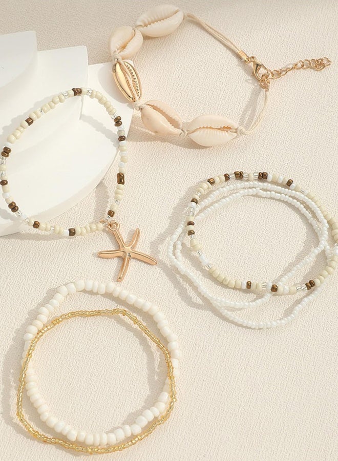 7 قطع من الأساور المزينة بالخرز على الطراز البوهيمي أساور شاطئية متعددة الطبقات أساور من الصدف والأرز والمرجان قلادة على شكل نجم البحر للنساء ملابس يومية مناسبة للعطلات والسفر والحفلات هدايا - Image 3