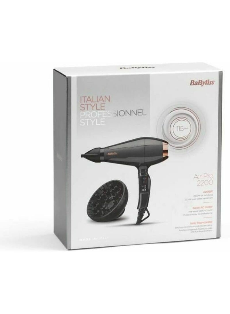 بيبي ليس BaByliss Italian Air Pro 2200W Professional Hair Dryer AC Motor, Ionic Technology Salon Blow Dryer Made in Italy, 2 Speed & 2 Heat Settings, Diffuser & Concentrator Nozzles, Black - 6719DE Back - Image 3