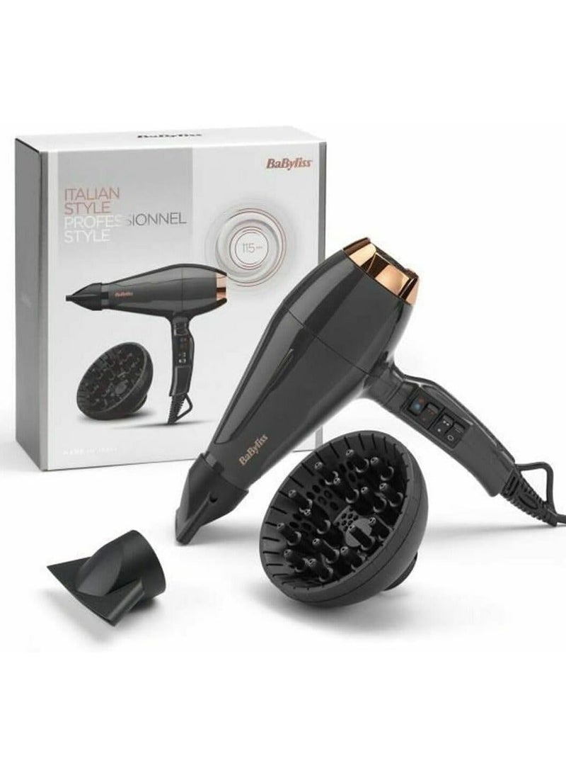 بيبي ليس BaByliss Italian Air Pro 2200W Professional Hair Dryer AC Motor, Ionic Technology Salon Blow Dryer Made in Italy, 2 Speed & 2 Heat Settings, Diffuser & Concentrator Nozzles, Black - 6719DE Back - Image 2