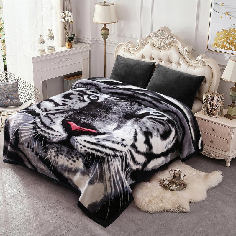 JML Korean Style Fleece Blanket King Size, 87" x94", 10.5 Pounds, Heavy Raschel Fleece Blanket, Perfect for Fall Winter, 2 Ply A&B Animal Printed, Silky Soft Plush, Thick, Warm, Tiger Stripe - Image 1