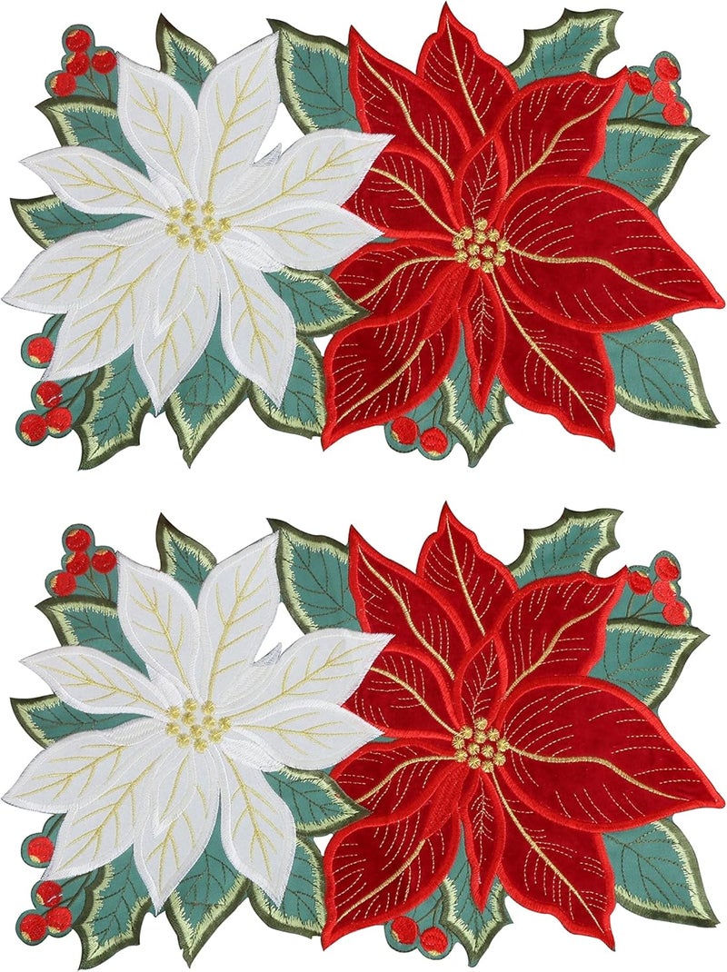 GRANDDECO GRANDDECO Holiday Christmas Placemat 12x18 Set of 2 Cutwork Embroidered Floral Christmas Flowers Dresser Scarf Table Topper for Home Dining Xmas Table Top Decoration  - Image 1