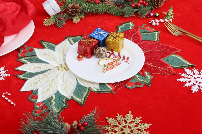 GRANDDECO GRANDDECO Holiday Christmas Placemat 12x18 Set of 2 Cutwork Embroidered Floral Christmas Flowers Dresser Scarf Table Topper for Home Dining Xmas Table Top Decoration  - Image 4