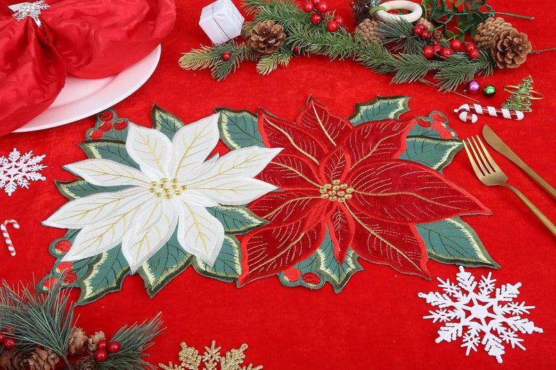 GRANDDECO GRANDDECO Holiday Christmas Placemat 12x18 Set of 2 Cutwork Embroidered Floral Christmas Flowers Dresser Scarf Table Topper for Home Dining Xmas Table Top Decoration  - Image 3
