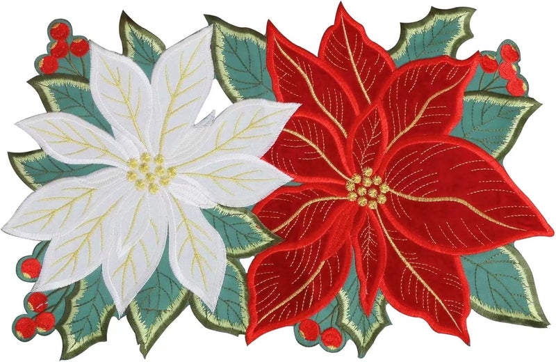 GRANDDECO GRANDDECO Holiday Christmas Placemat 12x18 Set of 2 Cutwork Embroidered Floral Christmas Flowers Dresser Scarf Table Topper for Home Dining Xmas Table Top Decoration  - Image 2