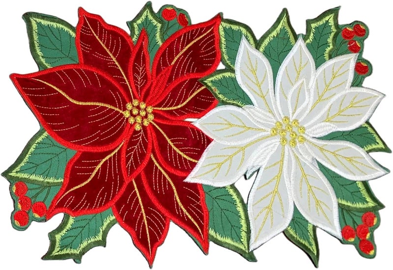 GRANDDECO GRANDDECO Holiday Christmas Placemat 12x18 Set of 2 Cutwork Embroidered Floral Christmas Flowers Dresser Scarf Table Topper for Home Dining Xmas Table Top Decoration  - Image 5