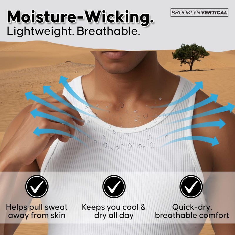 BROOKLYN VERTICAL Mens 6-Pack Tank Tops | Moisture-Wicking Ribbed Lightweight Undershirts White - Image 2