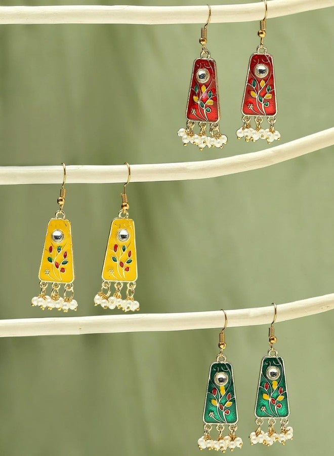OOMPHelicious Jewellery Combo of 3 Meenakari Small Drop Earrings with Kundan & Pearls For Women & Girls Stylish Latest - Green, Red & Yellow (EHC202-Y202-G202_CC1) - Image 2