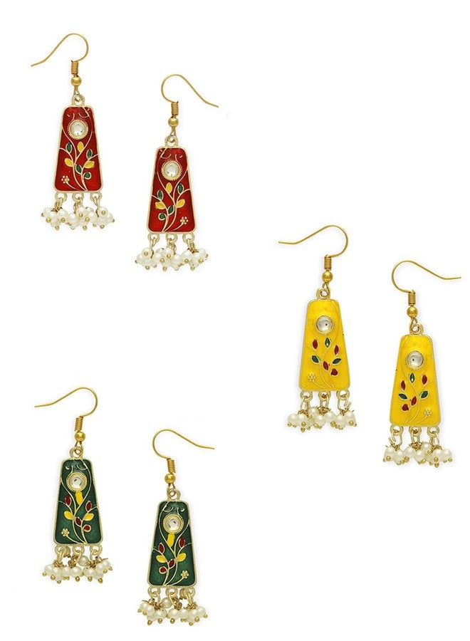 OOMPHelicious Jewellery Combo of 3 Meenakari Small Drop Earrings with Kundan & Pearls For Women & Girls Stylish Latest - Green, Red & Yellow (EHC202-Y202-G202_CC1) - Image 1