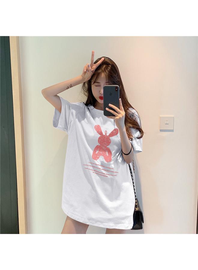 Summer Mid-length Loose Girlfriends Bottoming Shirt Women's Cartoon Round Neck Plus Size Short Sleeve T-shirt Women's Top Women's Clothing 