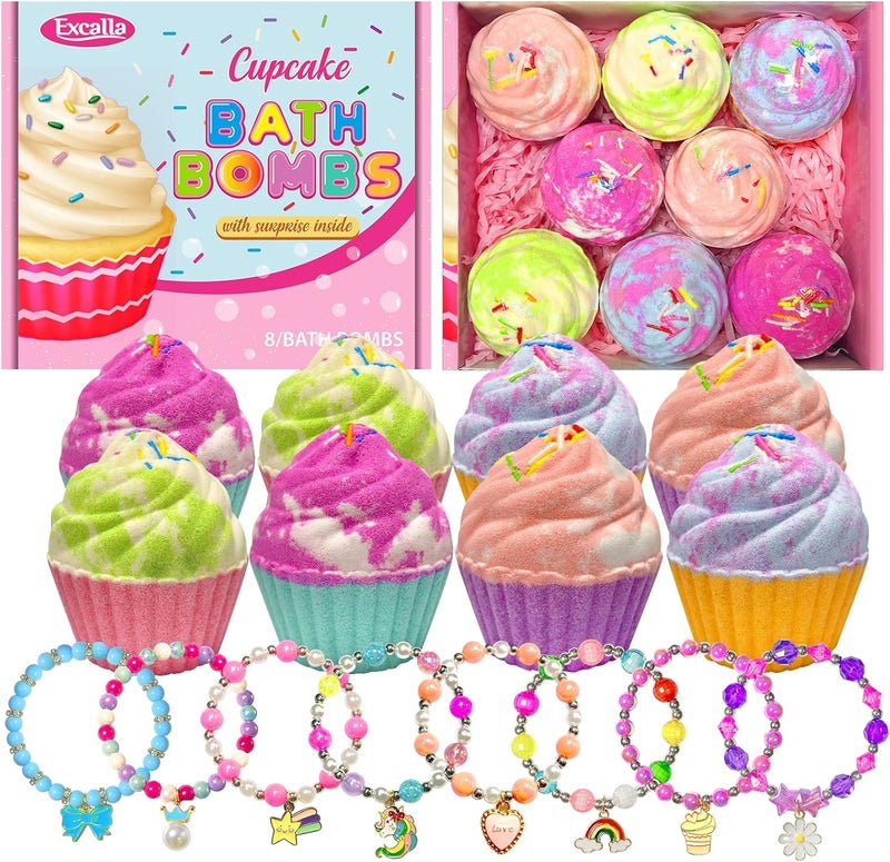 Bath Bombs for Kids with Surprise Jewelry Inside 8 Cupcake Bath Bombs for Girls Gift Set Handmade Fizzes Balls with Rich Bubble Bath Ideal for Chrildren Birthday Christmas