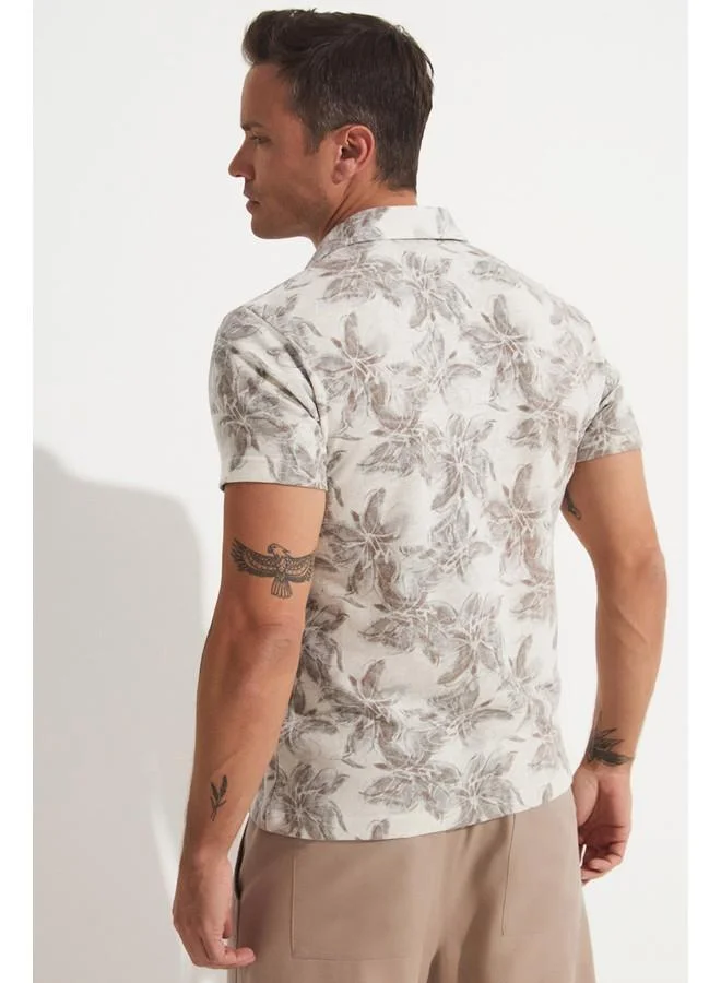 JUNE June Men Linen Looked Patterned Neck T-Shirt Anthracite