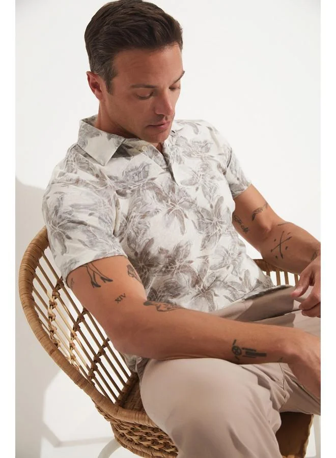 JUNE June Men Linen Looked Patterned Neck T-Shirt Anthracite