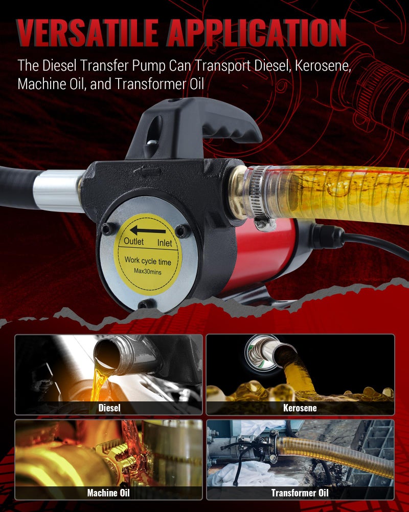 Reywoo Diesel Transfer Pump Kit, 12V DC Electric Oil Transfer Pump with Nozzle Hoses, 11.9 GPM Fuel Transfer Pump for Transferring Diesel, Kerosene, Machine, Transformer Oil - Image 3