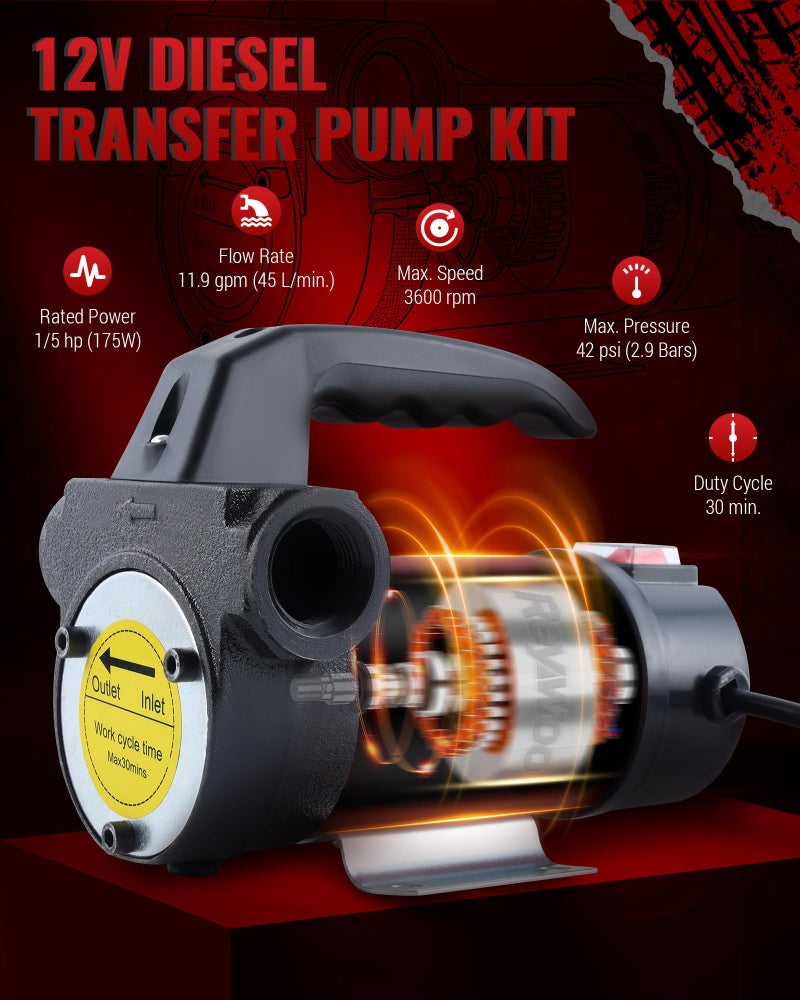 Reywoo Diesel Transfer Pump Kit, 12V DC Electric Oil Transfer Pump with Nozzle Hoses, 11.9 GPM Fuel Transfer Pump for Transferring Diesel, Kerosene, Machine, Transformer Oil - Image 2