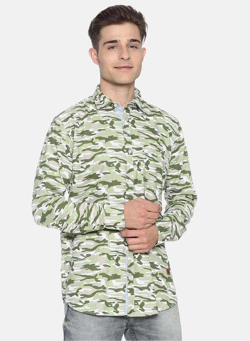 Campus Sutra Men's Olive Green Camouflage Imprint Shirt