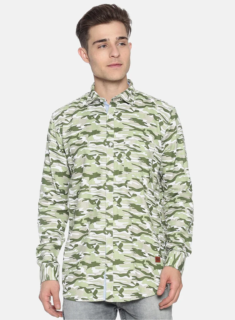 Campus Sutra Men's Olive Green Camouflage Imprint Shirt