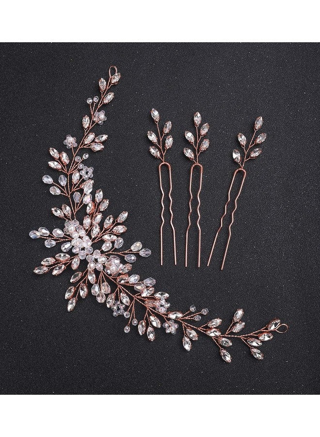 BERYUAN Eryuan Bride Wedding Crystal Hair Vine Flower Headband Bridal Hair Pieces Wedding Hair Accessories For Women And Girls（With 3 Hairpins） (Rose Gold) - Image 3