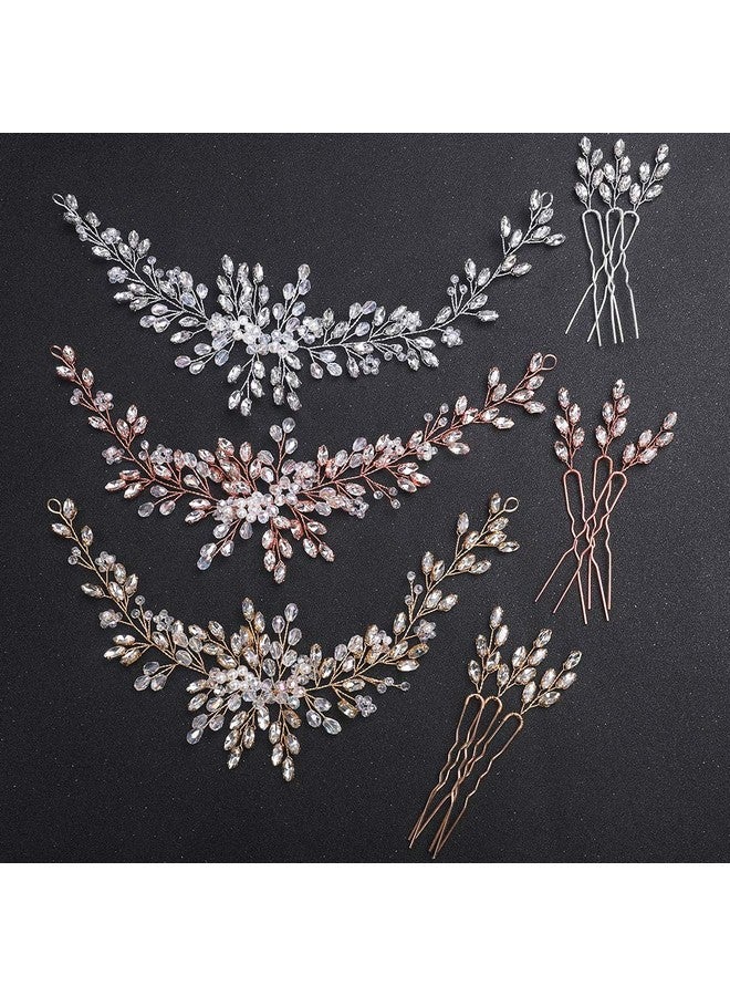 BERYUAN Eryuan Bride Wedding Crystal Hair Vine Flower Headband Bridal Hair Pieces Wedding Hair Accessories For Women And Girls（With 3 Hairpins） (Rose Gold) - Image 2