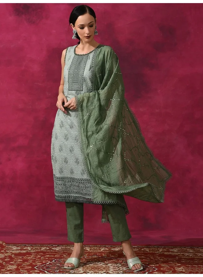 AKS AKS Couture Ethnic Embroidered Schiffli Work Pure Cotton Kurta with Trousers & Dupatta