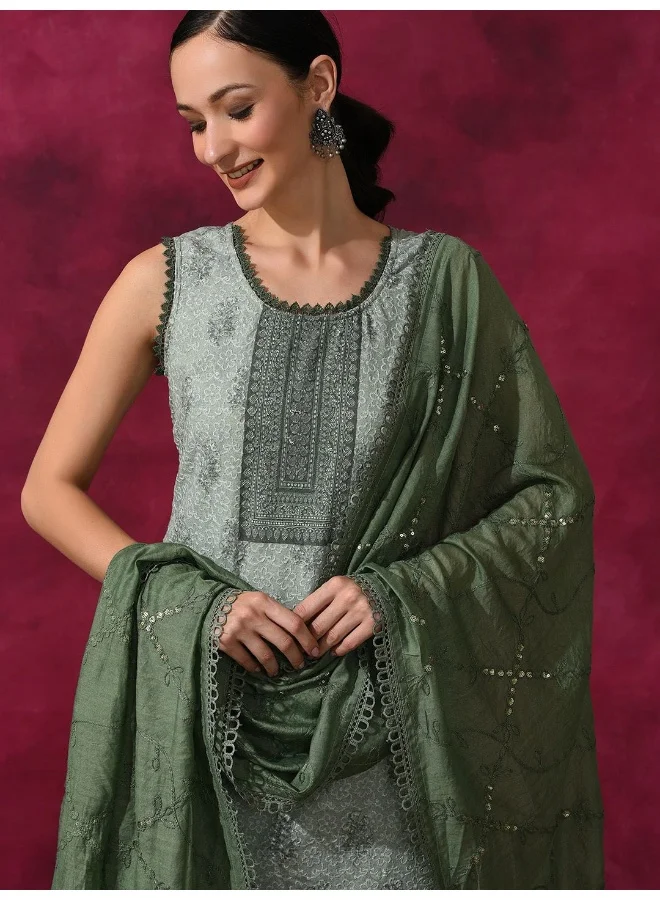 AKS AKS Couture Ethnic Embroidered Schiffli Work Pure Cotton Kurta with Trousers & Dupatta