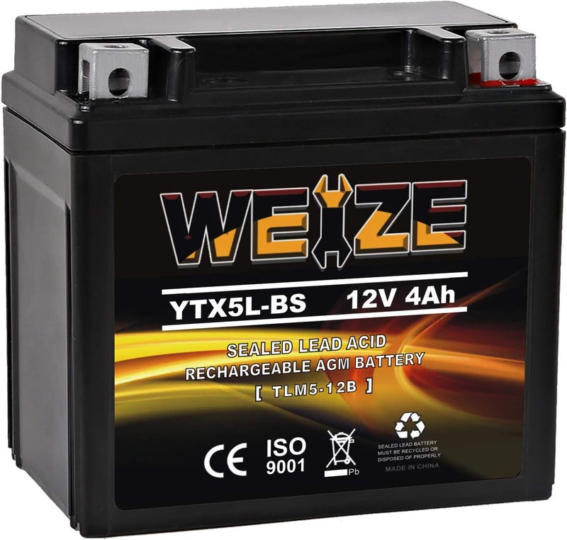 WEIZE YTX5L-BS High Performance - Maintenance Free - Sealed AGM Motorcycle CTX5L Battery compatible with Honda YUASA Yamaha ETX5L-BS Batteries - Image 1