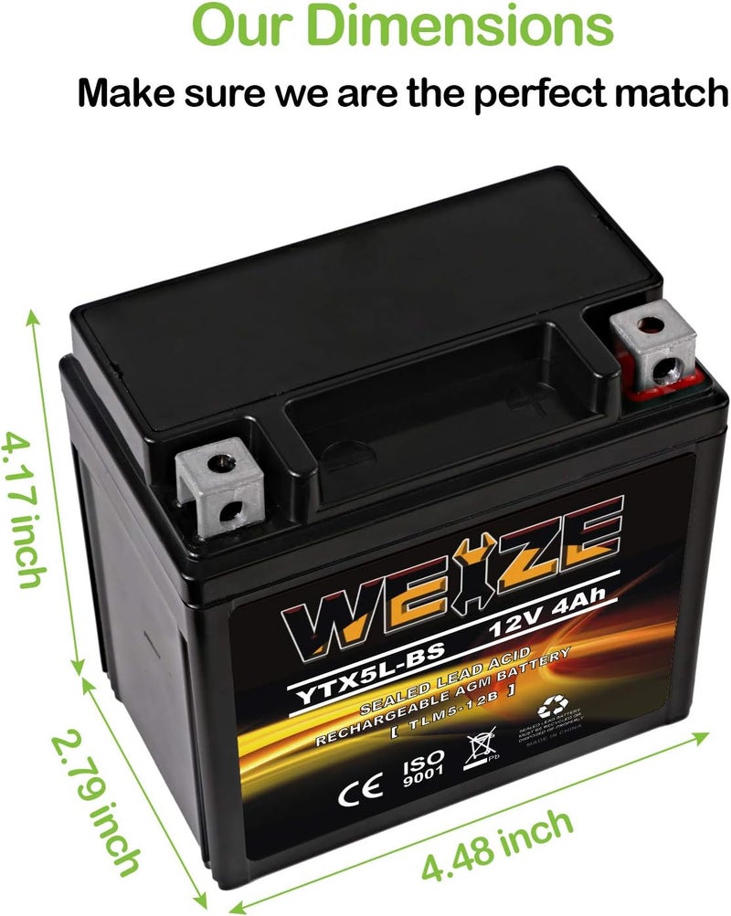 WEIZE YTX5L-BS High Performance - Maintenance Free - Sealed AGM Motorcycle CTX5L Battery compatible with Honda YUASA Yamaha ETX5L-BS Batteries - Image 2