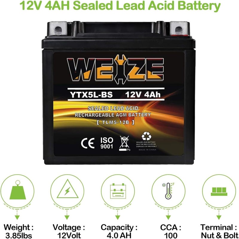 WEIZE YTX5L-BS High Performance - Maintenance Free - Sealed AGM Motorcycle CTX5L Battery compatible with Honda YUASA Yamaha ETX5L-BS Batteries - Image 3