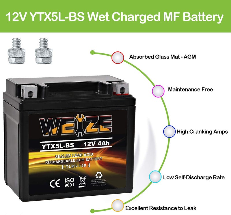 WEIZE YTX5L-BS High Performance - Maintenance Free - Sealed AGM Motorcycle CTX5L Battery compatible with Honda YUASA Yamaha ETX5L-BS Batteries - Image 4