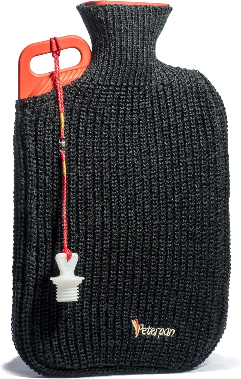 Peterpan Peterpan Rubber Hot Water Bottle with Knitted Cover, Extra Large & Thick for Pain Relief, 90 Fl Oz Capacity,BPA & Phthalates Free, Handle & 2nd Gen Lanyard Cap, Safe & Comfortable Heat Therapy, Black 