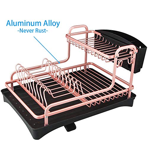 Tomorotec Never Rust Aluminum Dish Rack and Drain Board with Utensil Holder, 2-Tier Kitchen Plate Cup Dish Drying Rack Tray Cutlery Dish Drainer (Matt Rose Gold) - Image 3