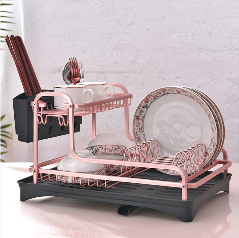 Tomorotec Never Rust Aluminum Dish Rack and Drain Board with Utensil Holder, 2-Tier Kitchen Plate Cup Dish Drying Rack Tray Cutlery Dish Drainer (Matt Rose Gold) - Image 2