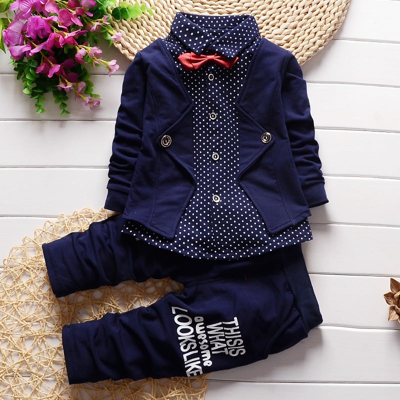 2024 new spring direct batch of mens childrens clothing shirt fake three suit 0-2-6 years old factory a generation of hair Navy blue