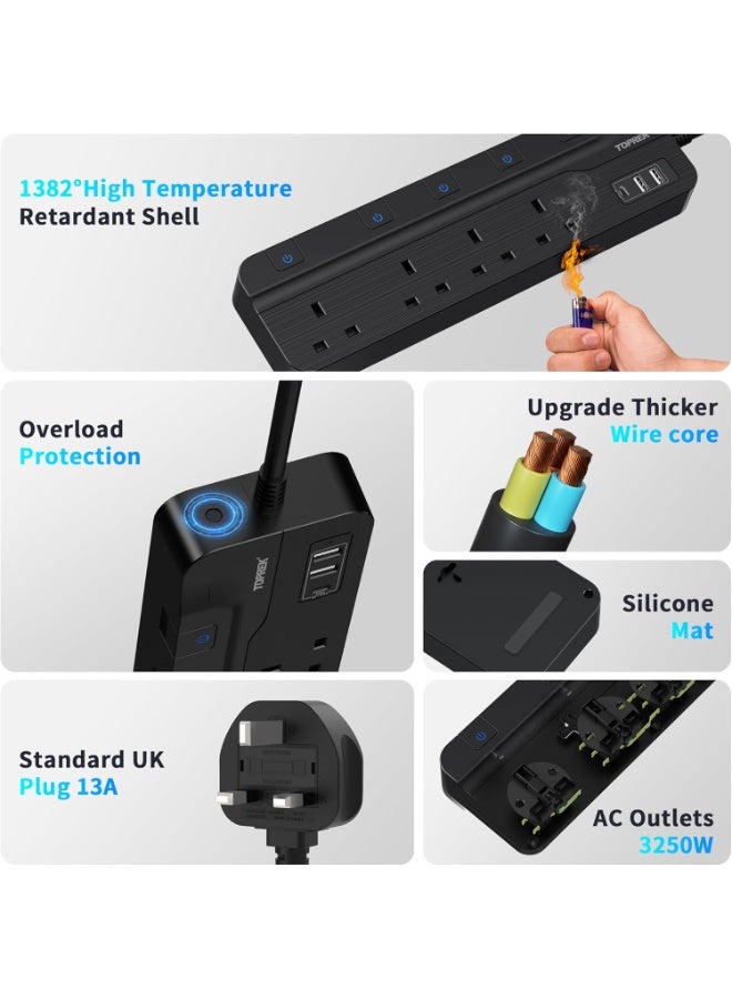 TOPREK 4 Plug Extension Lead with Ultra Wide Socket, Individual Switch 2 USB-A, 1 USB-C Extension Cable, 5m Extension Lead with USB Slots for Wall Mounting - Image 2
