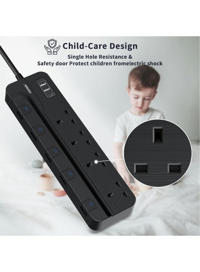 TOPREK 4 Plug Extension Lead with Ultra Wide Socket, Individual Switch 2 USB-A, 1 USB-C Extension Cable, 5m Extension Lead with USB Slots for Wall Mounting - Image 3