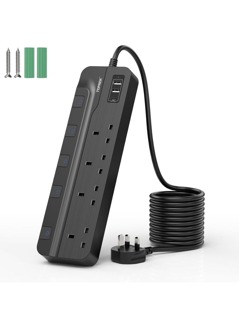 TOPREK 4 Plug Extension Lead with Ultra Wide Socket, Individual Switch 2 USB-A, 1 USB-C Extension Cable, 5m Extension Lead with USB Slots for Wall Mounting - Image 1