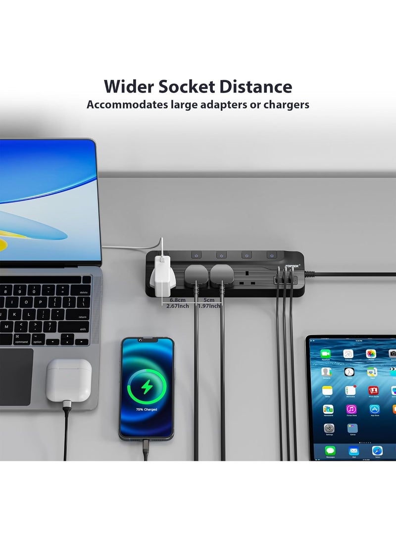 TOPREK 4 Plug Extension Lead with Ultra Wide Socket, Individual Switch 2 USB-A, 1 USB-C Extension Cable, 5m Extension Lead with USB Slots for Wall Mounting - Image 5