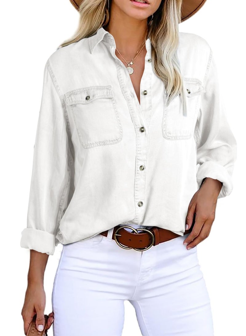 Astylish Womens Denim Tops Chambray Jean Shirts V Neck Basic Casual Long Sleeve Button Down Blouse Off White Large - Image 5