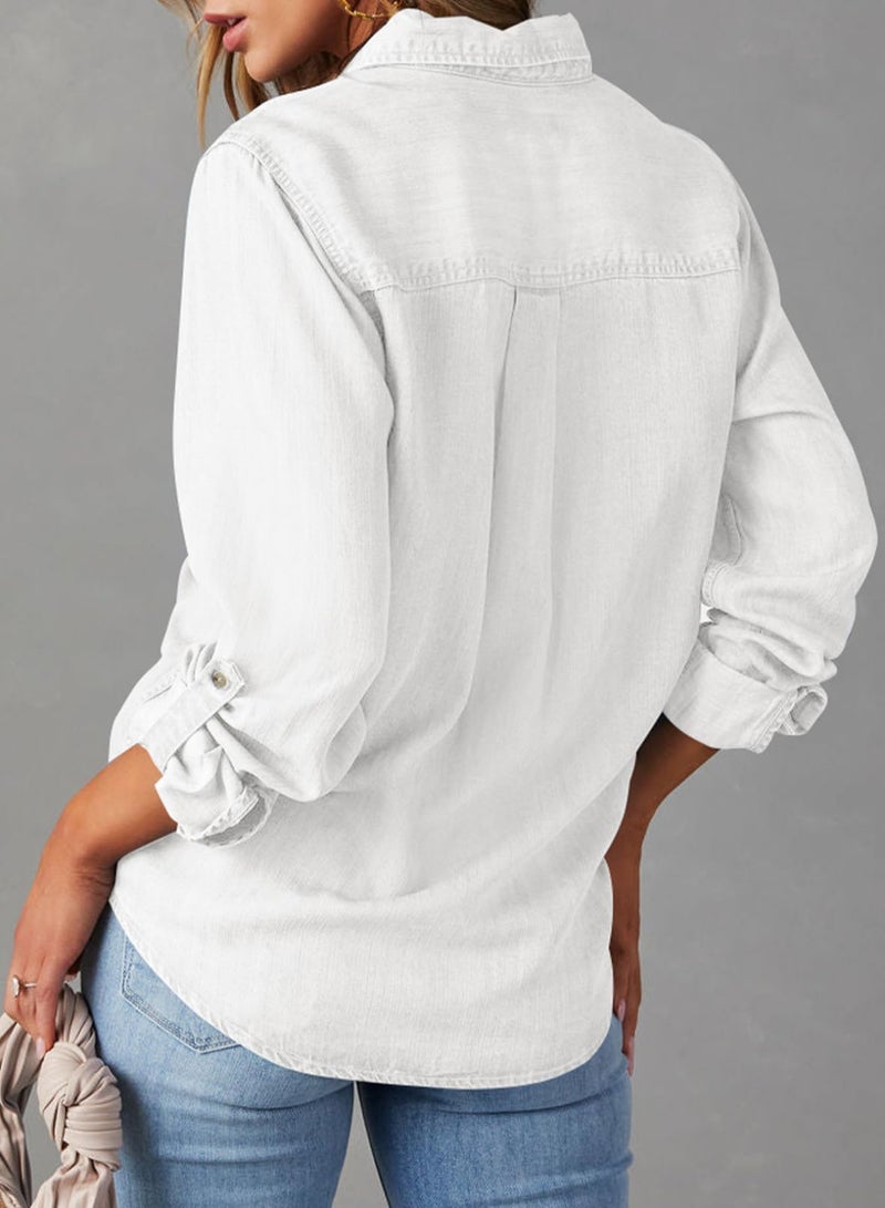 Astylish Womens Denim Tops Chambray Jean Shirts V Neck Basic Casual Long Sleeve Button Down Blouse Off White Large - Image 3