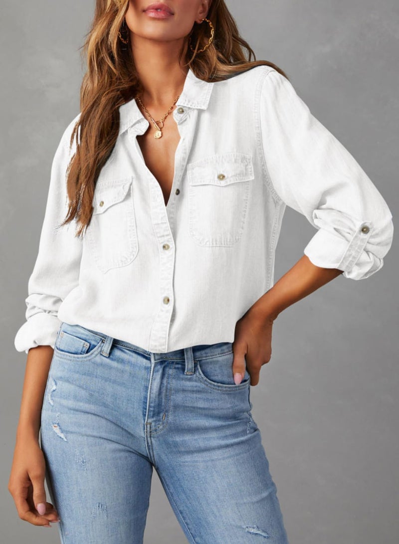 Astylish Womens Denim Tops Chambray Jean Shirts V Neck Basic Casual Long Sleeve Button Down Blouse Off White Large - Image 2
