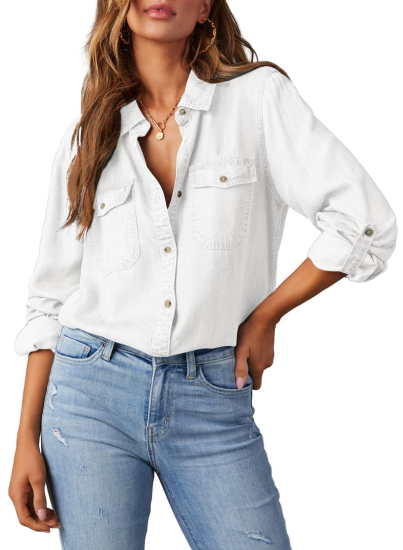 Astylish Womens Denim Tops Chambray Jean Shirts V Neck Basic Casual Long Sleeve Button Down Blouse Off White Large - Image 1