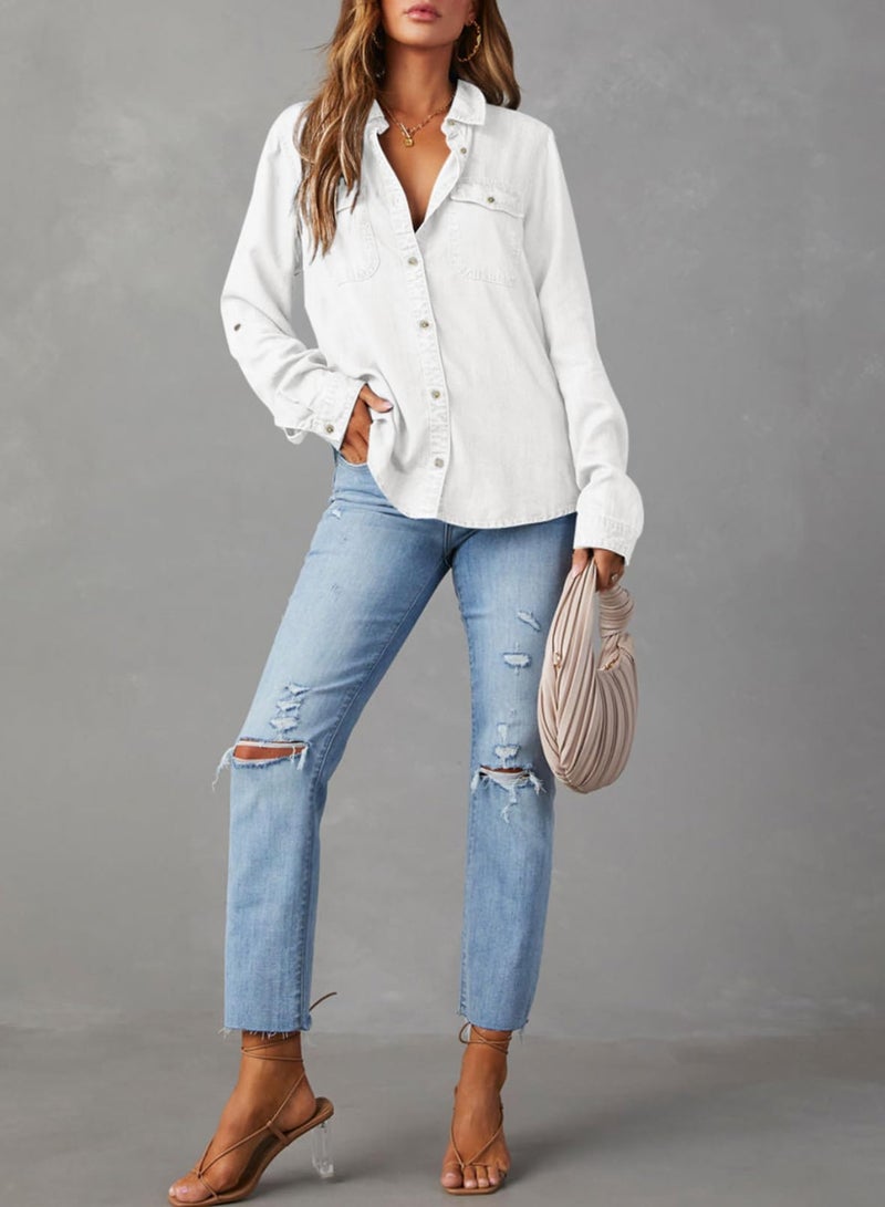 Astylish Womens Denim Tops Chambray Jean Shirts V Neck Basic Casual Long Sleeve Button Down Blouse Off White Large - Image 4