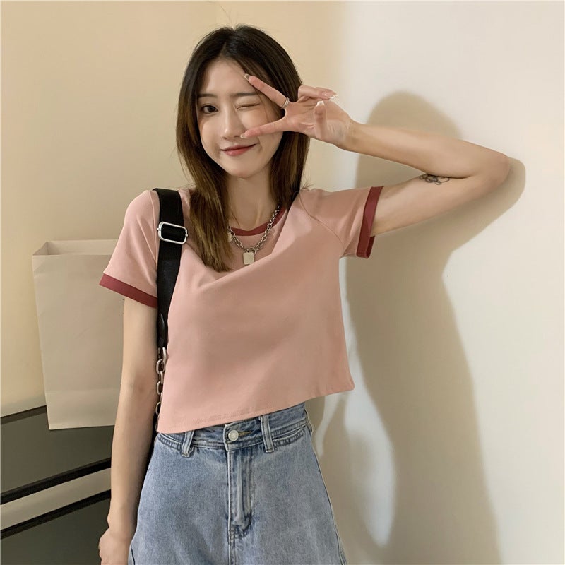 2025 Midriff-Baring Top Contrasting Color Slimming Look Short Design Discreet Short-Sleeved T-Shirt For Women - Image 1