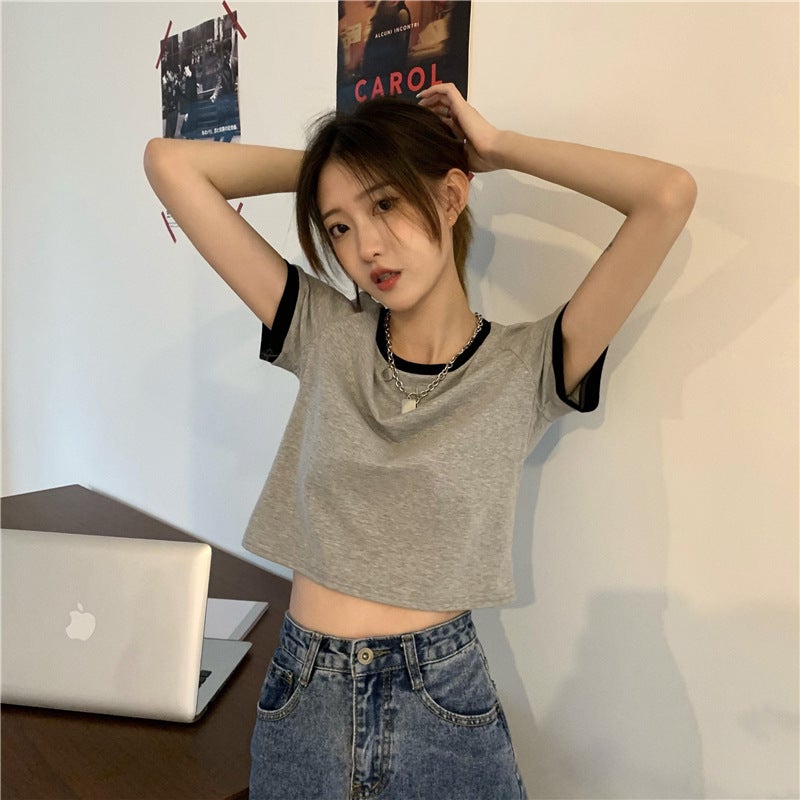 2025 Midriff-Baring Top Contrasting Color Slimming Look Short Design Discreet Short-Sleeved T-Shirt For Women - Image 2