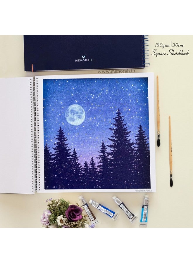 MENORAH مينوراه - دفتر رسم مربع مع حلزوني للفنان - 180 جرام لكل متر مربع - 100 صفحة/50 ورقة - دفتر رسم مربع للرسم، الطلاء، الألوان المائية، الأكريليك، الغواش - حلزوني معدني -(30.0 × 30.0 سم) - أزرق داكن - Image 5