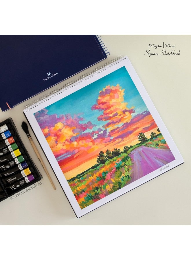 MENORAH مينوراه - دفتر رسم مربع مع حلزوني للفنان - 180 جرام لكل متر مربع - 100 صفحة/50 ورقة - دفتر رسم مربع للرسم، الطلاء، الألوان المائية، الأكريليك، الغواش - حلزوني معدني -(30.0 × 30.0 سم) - أزرق داكن - Image 3
