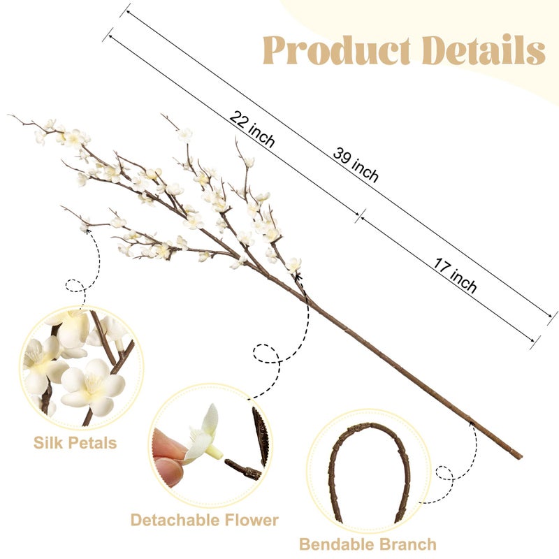 Ammyoo 4Pcs Cherry Blossom Branches Artificial Flowers for Spring Summer Indoor Decoration,Faux Long Stem Artificial Flowers for Wedding Home Office Bedroom Party Table Centerpieces Decor(White) - Image 4